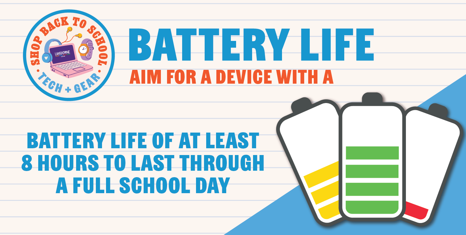 Battery Life + Aim for a device with a battery life of at least 8 hours to last through a full school day