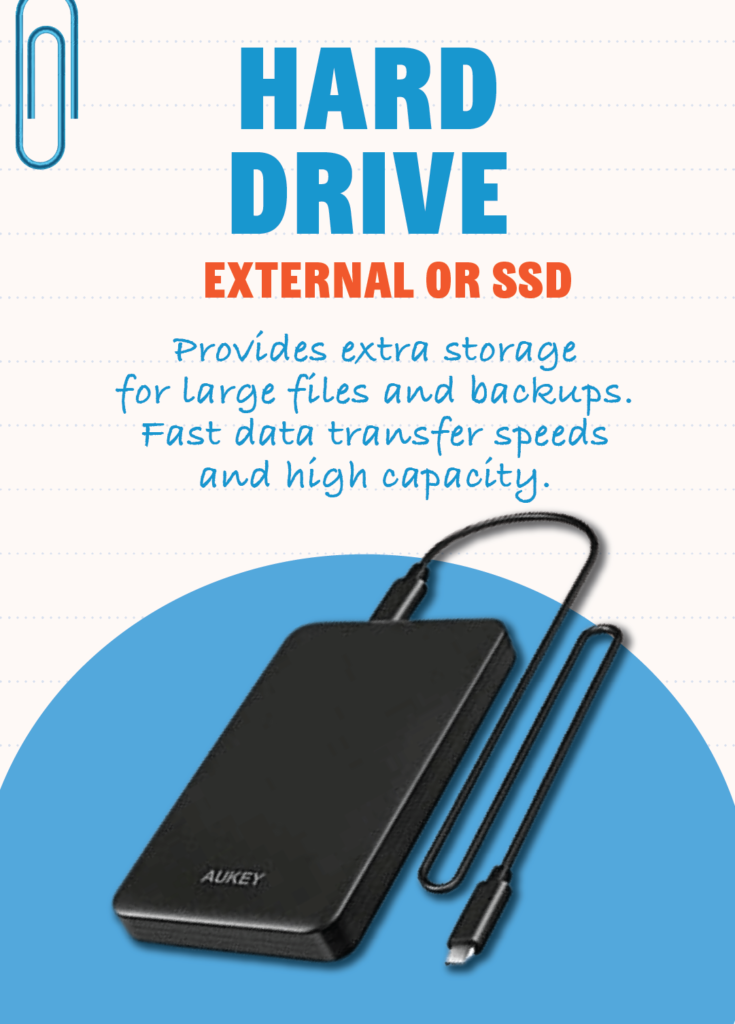 External Hard Drive or SSD: Provides extra storage for large files and backups. Fast data transfer speeds and high capacity