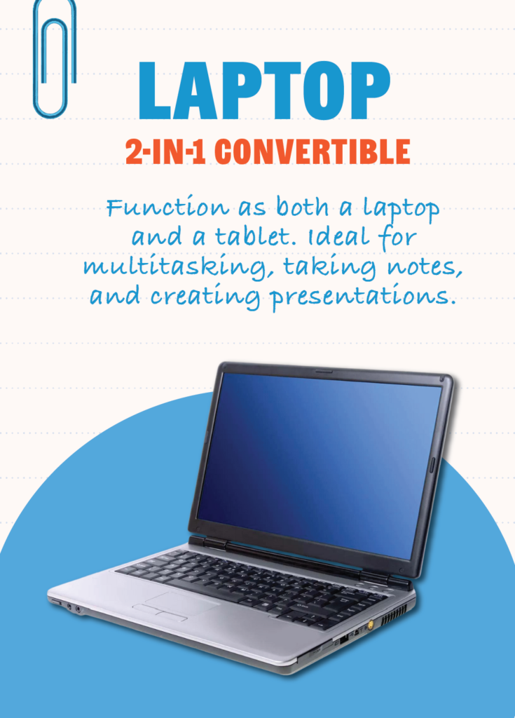 2-in-1 Convertible Laptop: Functions as both a laptop and a tablet. Ideal for multitasking, taking notes, and creating presentations