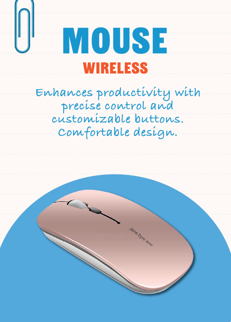 Wireless Mouse: Enhances productivity with precise control and customizable buttons. Ergonomic design for comfortable use during extended periods