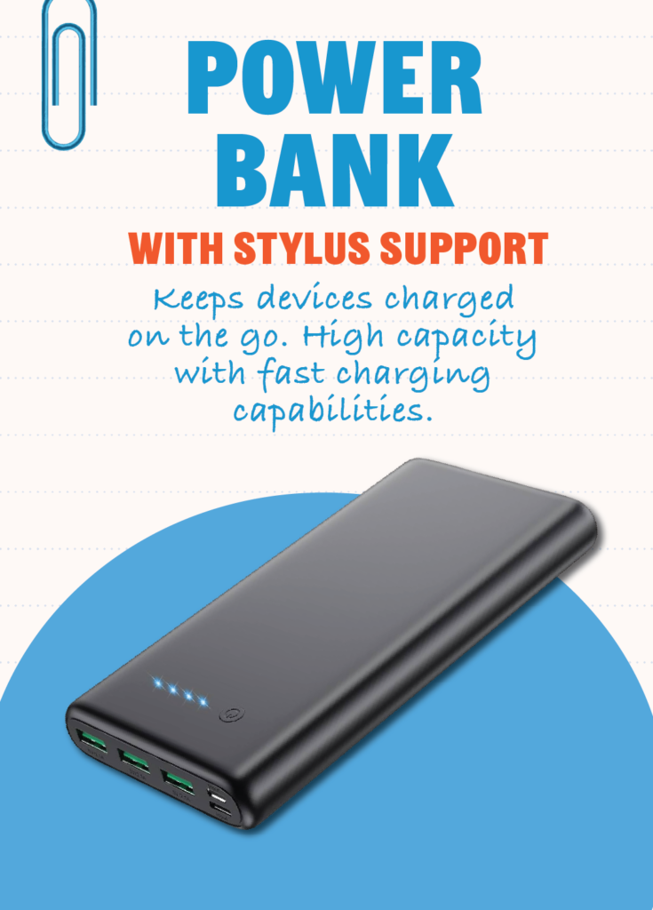 Portable Power Bank: Keeps devices charged on the go. High capacity with fast charging capabilities